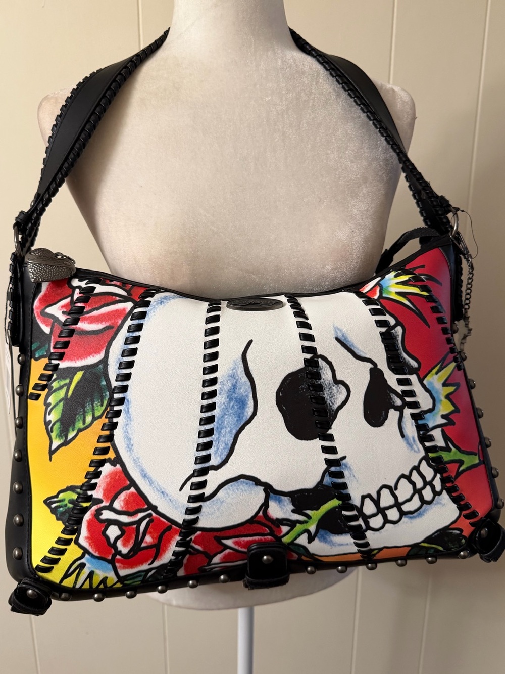 Ed Hardy Graphic Print Studded faux Leather Shoulder Bag Skulls Roses NWT - Picture 8 of 16